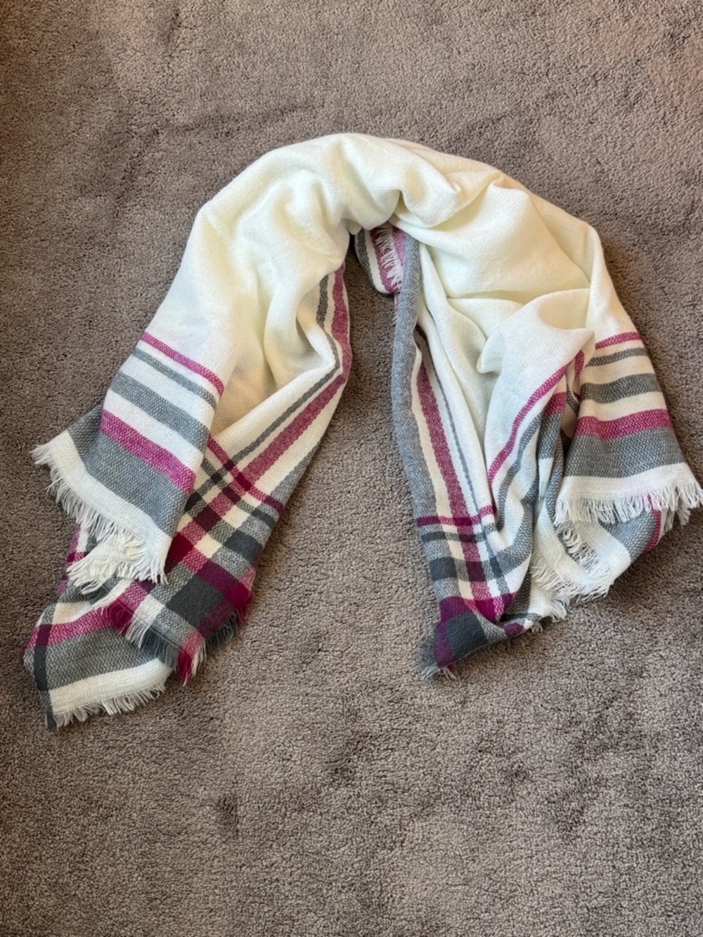 Plaid 51in Square Fringe Scarf Oversized Wrap Shawl Pink Gray Cream Cozy